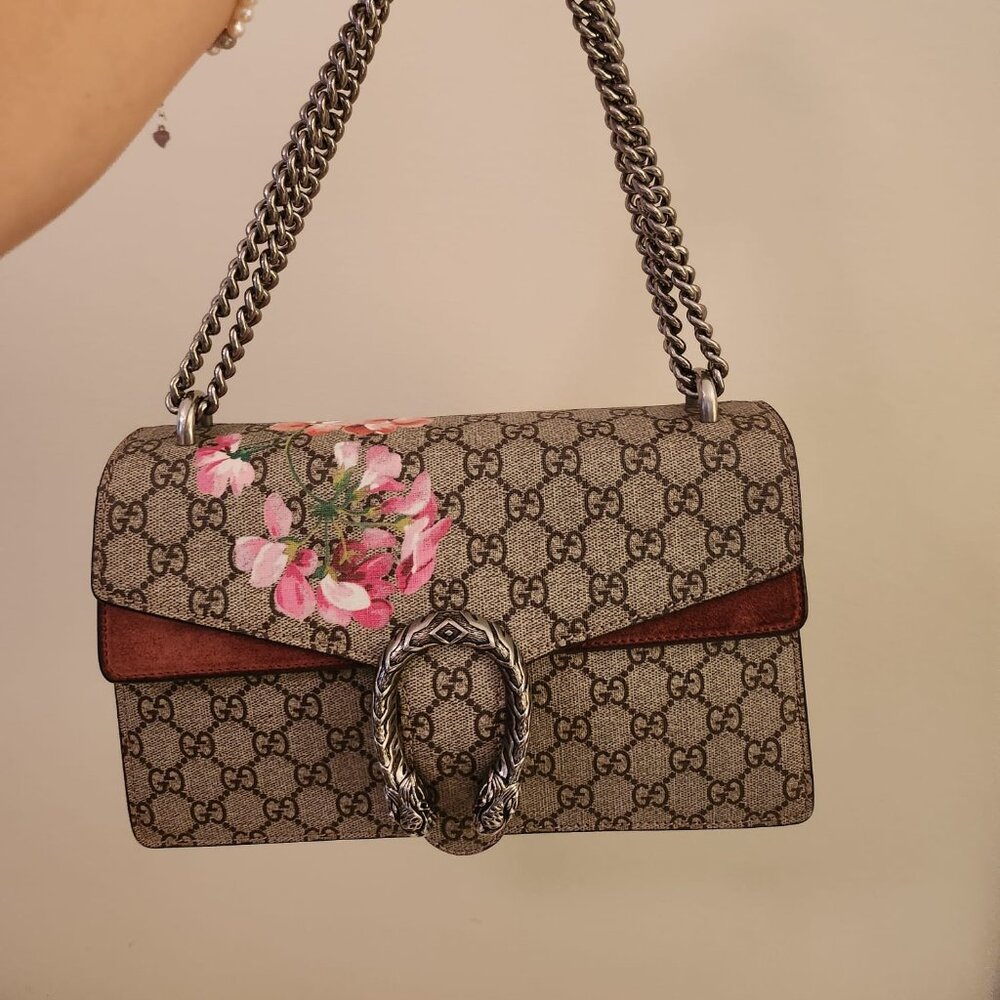 Gucci Blooms Medium Dionysus Shoulder Bag Red Cherry Blossom Canvas Suede